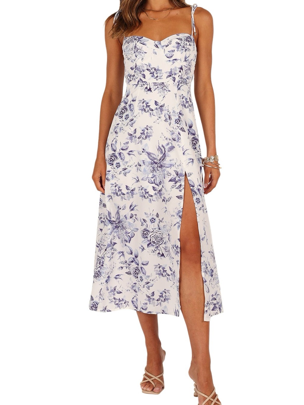 Petal & Pup Azelia Floral Sweetheart Midi Dress with Side Slit - Blue on White
